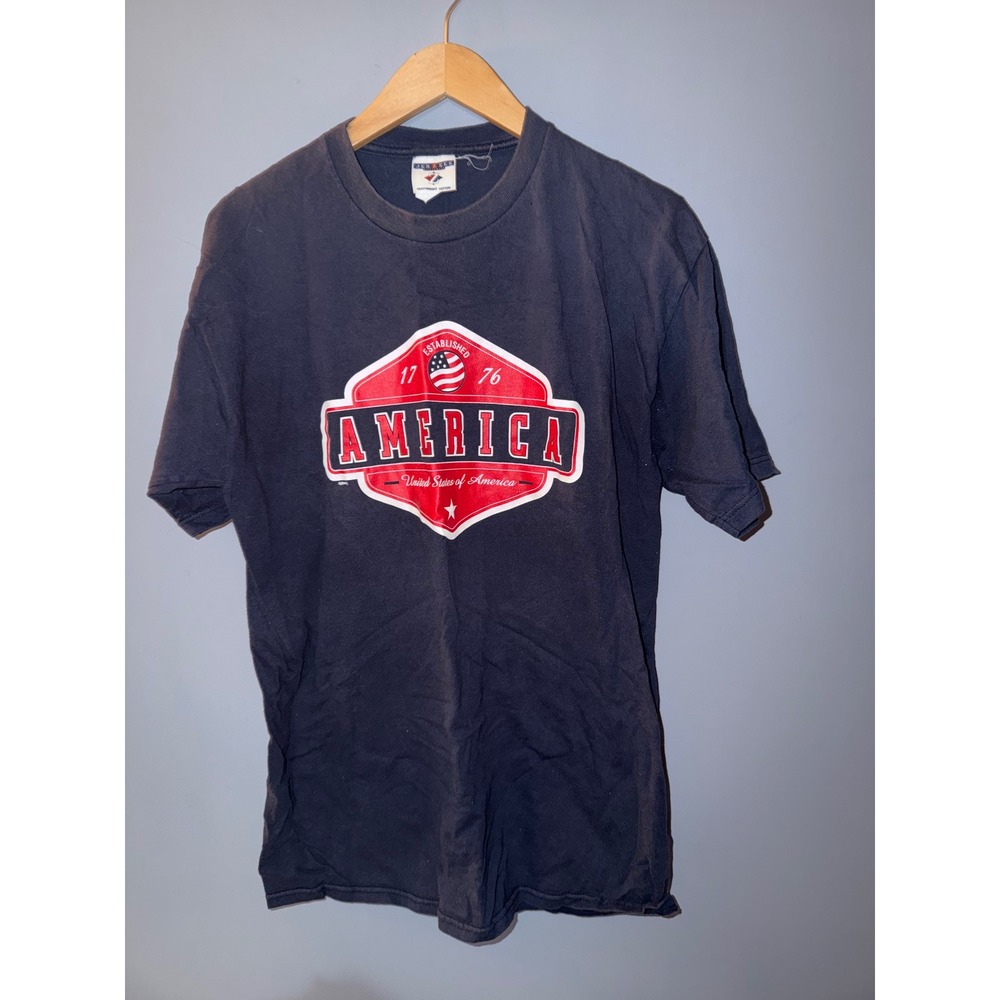 Vintage Jerzees‎ America Graphic T-Shirt Navy Blue Heavyweight Cotton Mens L